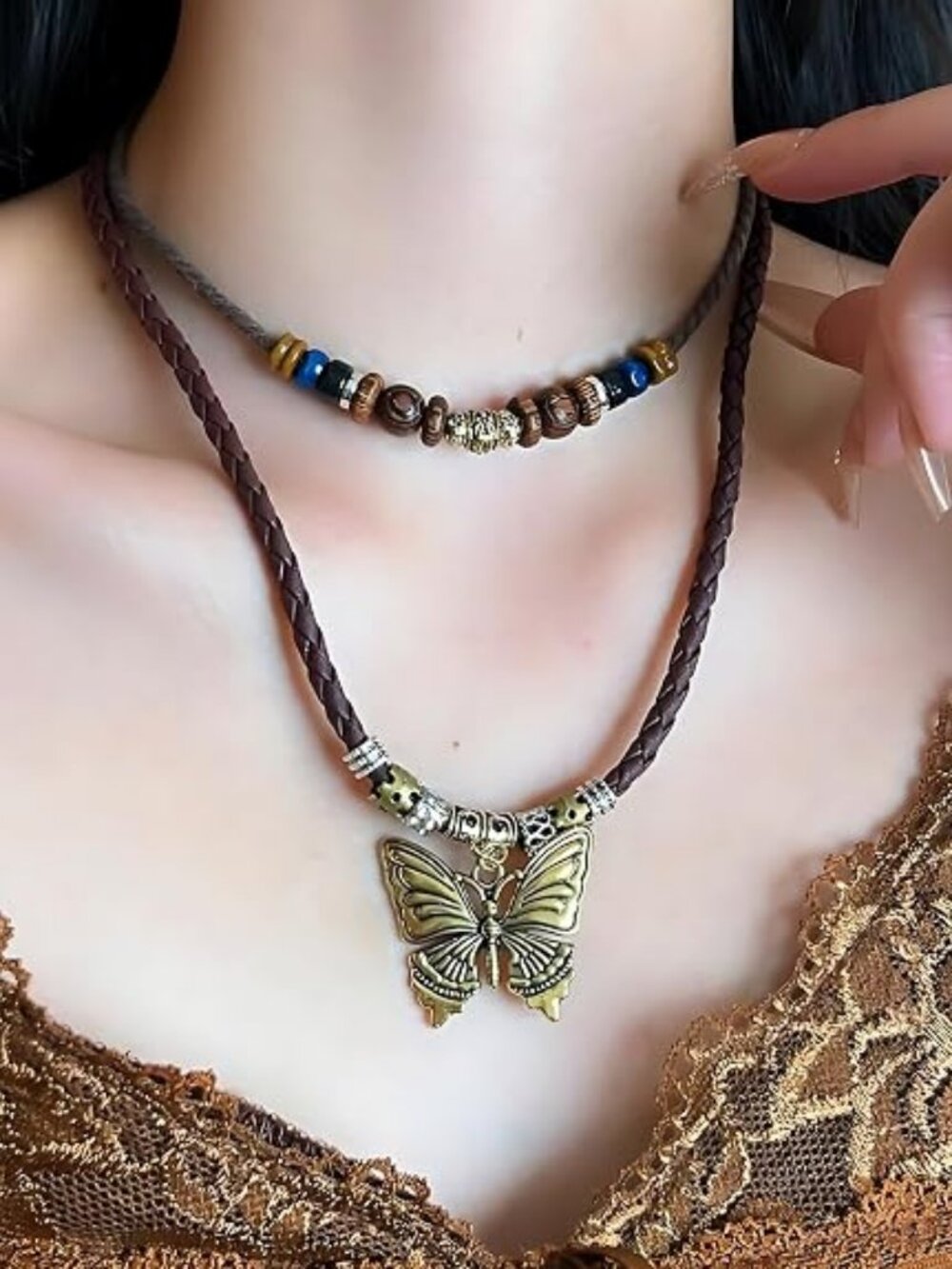 Boho Butterfly Pendant Necklace for Women – Vintage Layered Wooden Bead Choker
